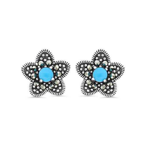 [EAR04MAR00TRQA319] Sterling Silver 925 Earring Embedded With Natural Processed Turquoise And Marcasite Stones