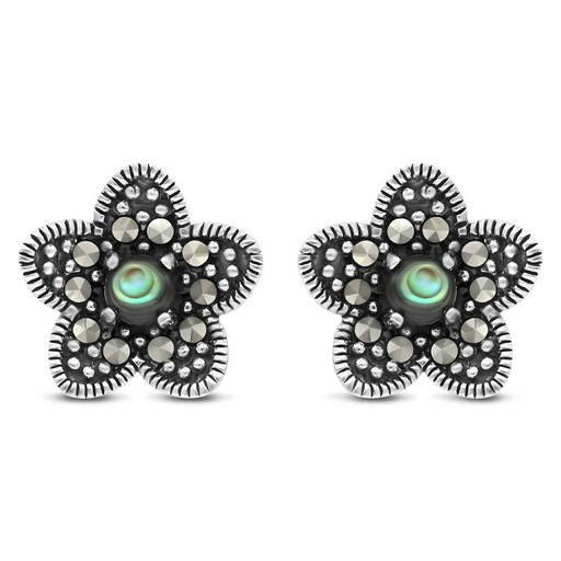 [EAR04MAR00ABAA319] Sterling Silver 925 Earring Embedded With Natural Blue Shell And Marcasite Stones