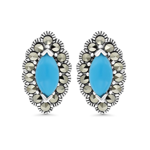 [EAR04MAR00TRQA483] Sterling Silver 925 Earring Embedded With Natural Processed Turquoise And Marcasite Stones