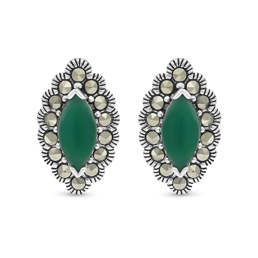 [EAR04MAR00GAGA483] Sterling Silver 925 Earring Embedded With Natural Green Agate And Marcasite Stones