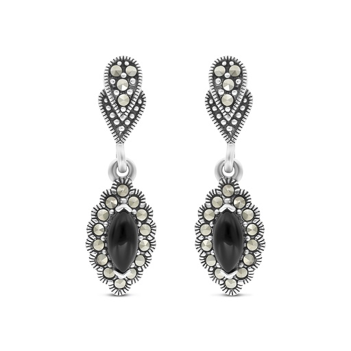 [EAR04MAR00ONXA320] Sterling Silver 925 Earring Embedded With Natural Black Agate And Marcasite Stones