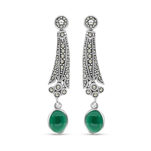 [EAR04MAR00GAGA321] Sterling Silver 925 Earring Embedded With Natural Green Agate And Marcasite Stones