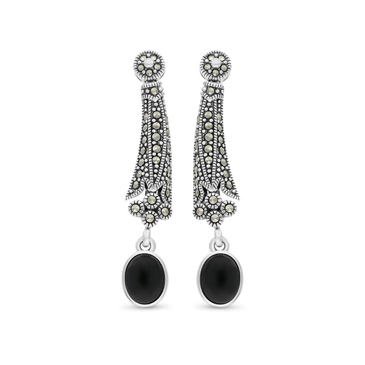 [EAR04MAR00ONXA321] Sterling Silver 925 Earring Embedded With Natural Black Agate And Marcasite Stones