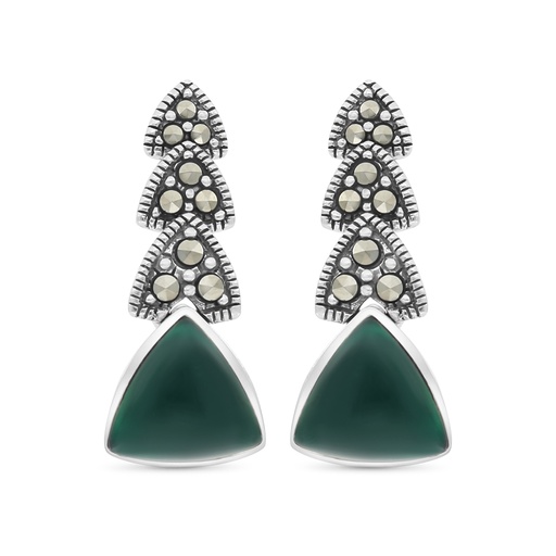 [EAR04MAR00GAGA322] Sterling Silver 925 Earring Embedded With Natural Green Agate And Marcasite Stones