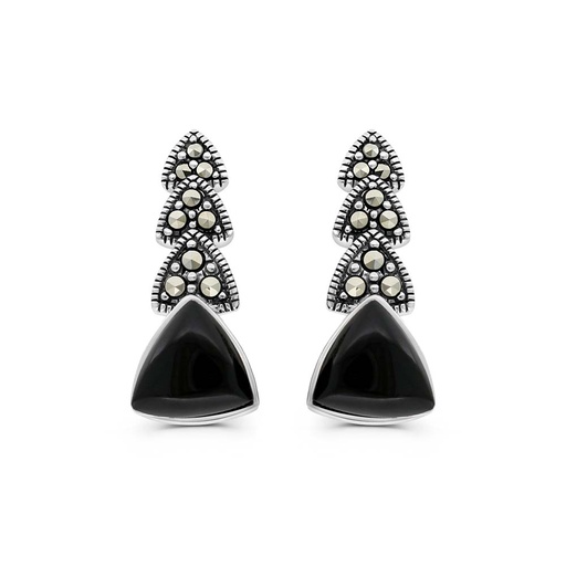 [EAR04MAR00ONXA322] Sterling Silver 925 Earring Embedded With Natural Black Agate And Marcasite Stones