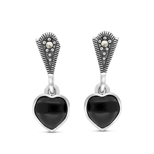 [EAR04MAR00ONXA324] Sterling Silver 925 Earring Embedded With Natural Black Agate And Marcasite Stones
