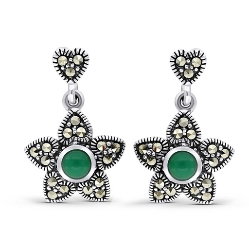 [EAR04MAR00GAGA325] Sterling Silver 925 Earring Embedded With Natural Green Agate And Marcasite Stones
