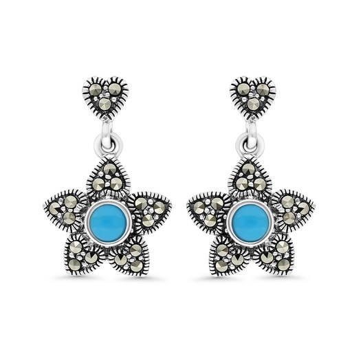 [EAR04MAR00TRQA325] Sterling Silver 925 Earring Embedded With Natural Processed Turquoise And Marcasite Stones