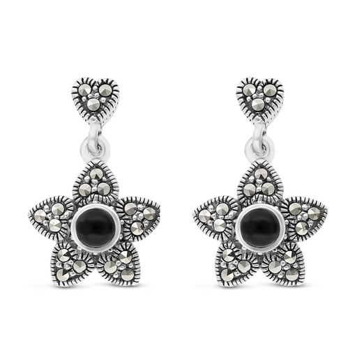 [EAR04MAR00ONXA325] Sterling Silver 925 Earring Embedded With Natural Black Agate And Marcasite Stones