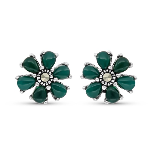 [EAR04MAR00GAGA330] Sterling Silver 925 Earring Embedded With Natural Green Agate And Marcasite Stones