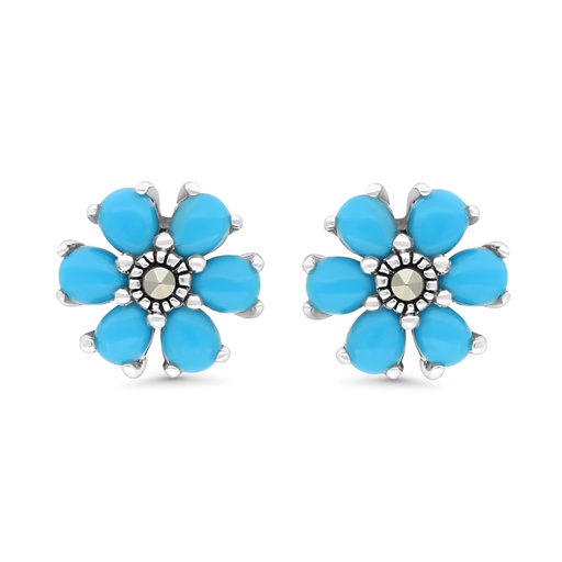 [EAR04MAR00TRQA330] Sterling Silver 925 Earring Embedded With Natural Processed Turquoise And Marcasite Stones