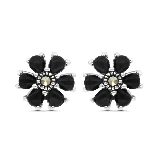 [EAR04MAR00ONXA330] Sterling Silver 925 Earring Embedded With Natural Black Agate And Marcasite Stones