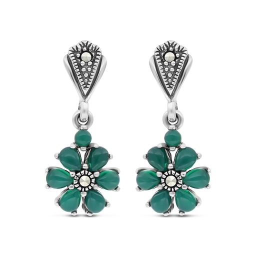 [EAR04MAR00GAGA331] Sterling Silver 925 Earring Embedded With Natural Green Agate And Marcasite Stones