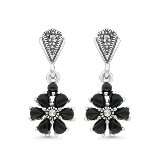 [EAR04MAR00ONXA331] Sterling Silver 925 Earring Embedded With Natural Black Agate And Marcasite Stones