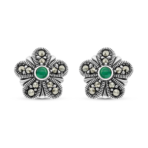 [EAR04MAR00GAGA332] Sterling Silver 925 Earring Embedded With Natural Green Agate And Marcasite Stones