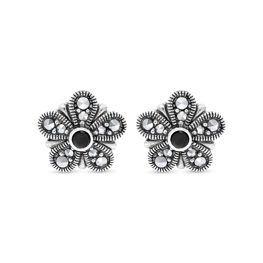 [EAR04MAR00ONXA332] Sterling Silver 925 Earring Embedded With Natural Black Agate And Marcasite Stones