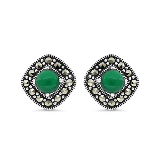 [EAR04MAR00GAGA333] Sterling Silver 925 Earring Embedded With Natural Green Agate And Marcasite Stones