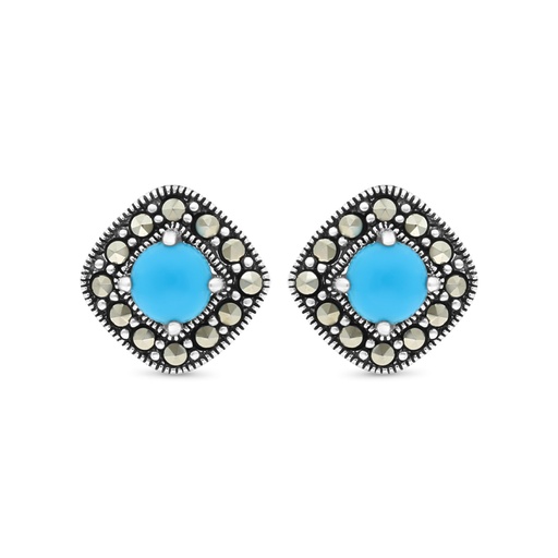 [EAR04MAR00TRQA333] Sterling Silver 925 Earring Embedded With Natural Processed Turquoise And Marcasite Stones