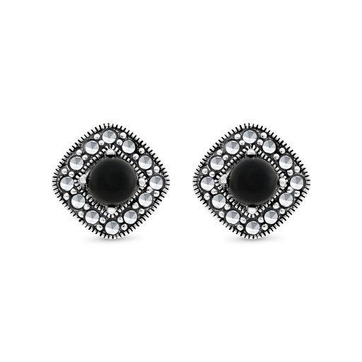 [EAR04MAR00ONXA333] Sterling Silver 925 Earring Embedded With Natural Black Agate And Marcasite Stones