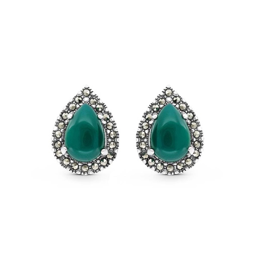 [EAR04MAR00GAGA327] Sterling Silver 925 Earring Embedded With Natural Green Agate And Marcasite Stones
