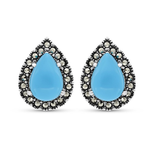 [EAR04MAR00TRQA327] Sterling Silver 925 Earring Embedded With Natural Processed Turquoise And Marcasite Stones