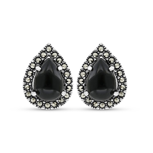 [EAR04MAR00ONXA327] Sterling Silver 925 Earring Embedded With Natural Black Agate And Marcasite Stones