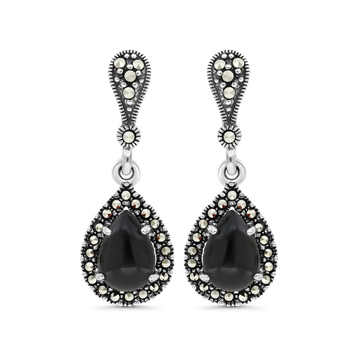 [EAR04MAR00ONXA328] Sterling Silver 925 Earring Embedded With Natural Black Agate And Marcasite Stones