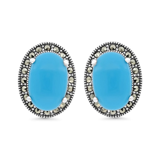 [EAR04MAR00TRQA329] Sterling Silver 925 Earring Embedded With Natural Processed Turquoise And Marcasite Stones