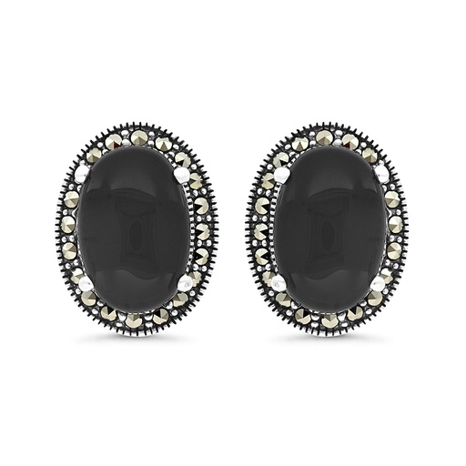 [EAR04MAR00ONXA329] Sterling Silver 925 Earring Embedded With Natural Black Agate And Marcasite Stones