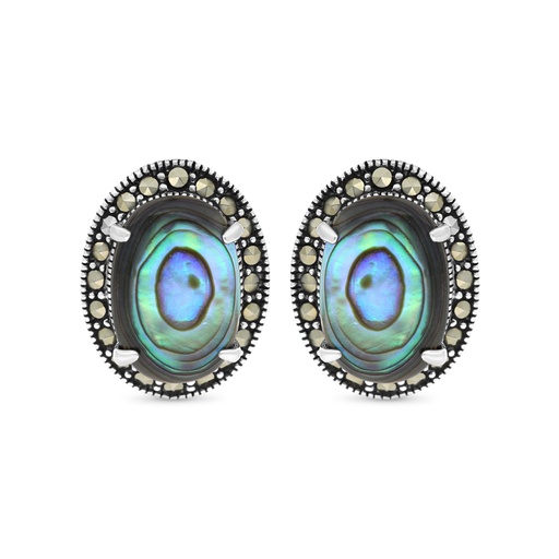 [EAR04MAR00ABAA329] Sterling Silver 925 Earring Embedded With Natural Blue Shell And Marcasite Stones