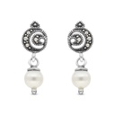 Sterling Silver 925 Earring Embedded With White Shell Pearl And Marcasite Stones