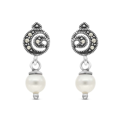 [EAR04MAR00PRLA335] Sterling Silver 925 Earring Embedded With White Shell Pearl And Marcasite Stones