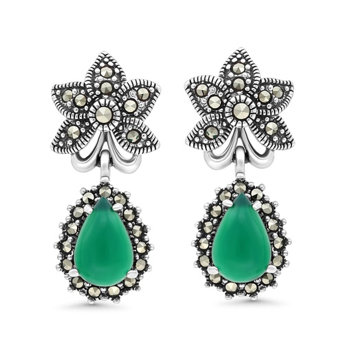 [EAR04MAR00GAGA336] Sterling Silver 925 Earring Embedded With Natural Green Agate And Marcasite Stones
