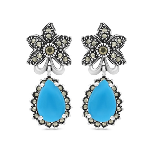 [EAR04MAR00TRQA336] Sterling Silver 925 Earring Embedded With Natural Processed Turquoise And Marcasite Stones