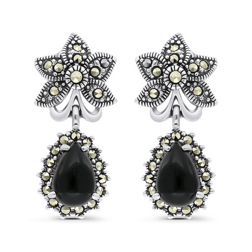 [EAR04MAR00ONXA336] Sterling Silver 925 Earring Embedded With Natural Black Agate And Marcasite Stones