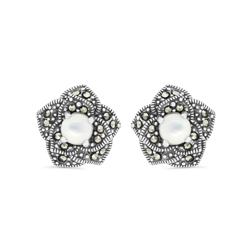 [EAR04MAR00MOPA337] Sterling Silver 925 Earring Embedded With Natural White Shell And Marcasite Stones