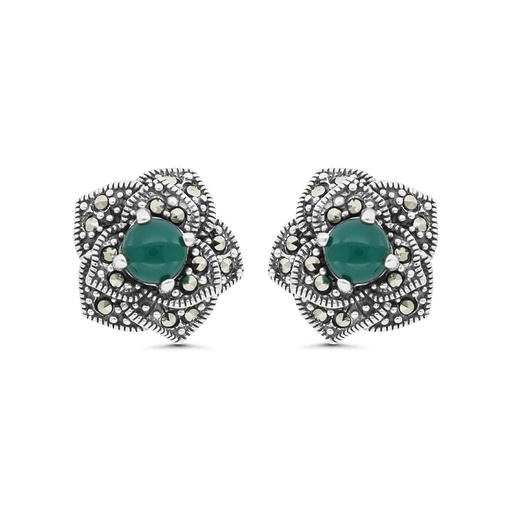 [EAR04MAR00GAGA337] Sterling Silver 925 Earring Embedded With Natural Green Agate And Marcasite Stones