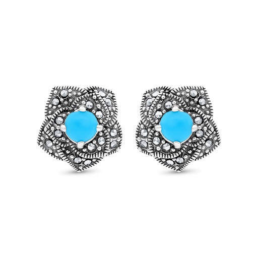 [EAR04MAR00TRQA337] Sterling Silver 925 Earring Embedded With Natural Processed Turquoise And Marcasite Stones