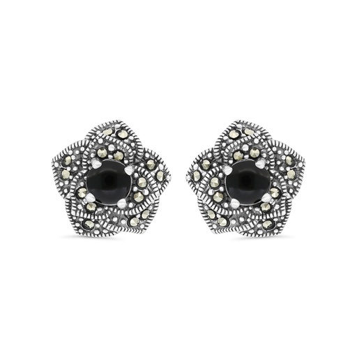 [EAR04MAR00ONXA337] Sterling Silver 925 Earring Embedded With Natural Black Agate And Marcasite Stones