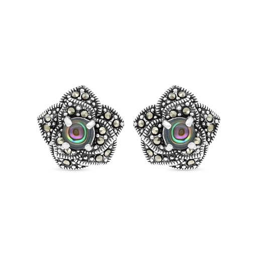 [EAR04MAR00ABAA337] Sterling Silver 925 Earring Embedded With Natural Blue Shell And Marcasite Stones