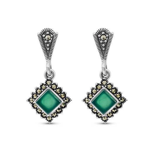 [EAR04MAR00GAGA341] Sterling Silver 925 Earring Embedded With Natural Green Agate And Marcasite Stones