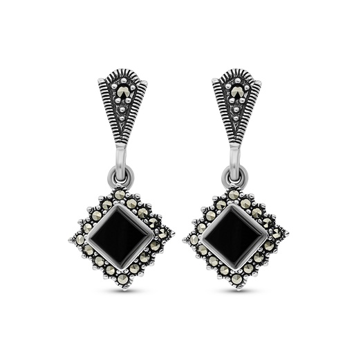 [EAR04MAR00ONXA341] Sterling Silver 925 Earring Embedded With Natural Black Agate And Marcasite Stones