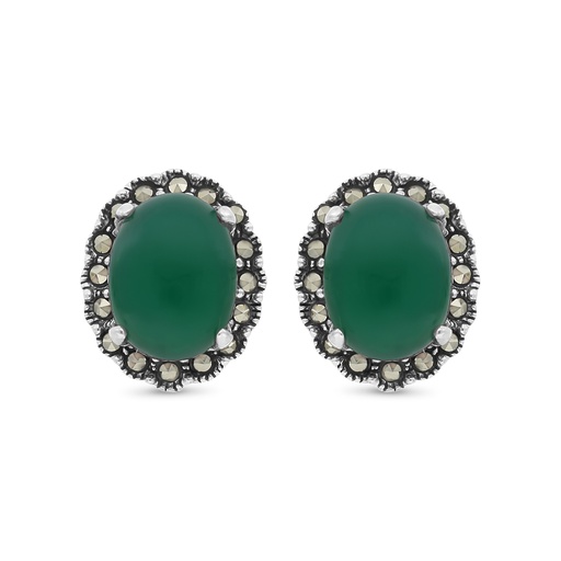 [EAR04MAR00GAGA338] Sterling Silver 925 Earring Embedded With Natural Green Agate And Marcasite Stones