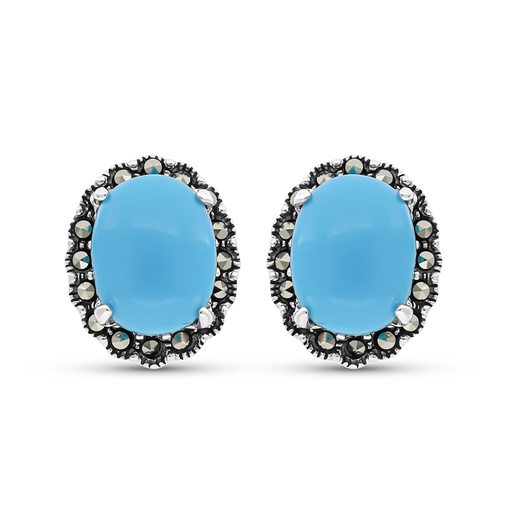 [EAR04MAR00TRQA338] Sterling Silver 925 Earring Embedded With Natural Processed Turquoise And Marcasite Stones