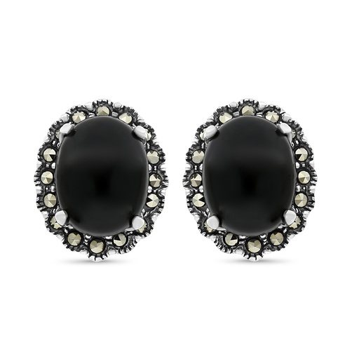 [EAR04MAR00ONXA338] Sterling Silver 925 Earring Embedded With Natural Black Agate And Marcasite Stones
