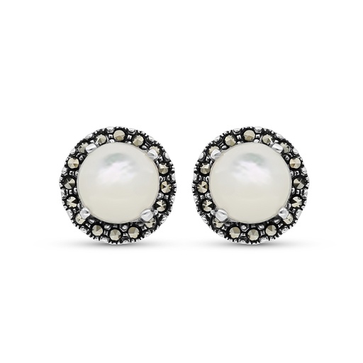 [EAR04MAR00MOPA339] Sterling Silver 925 Earring Embedded With Natural White Shell And Marcasite Stones