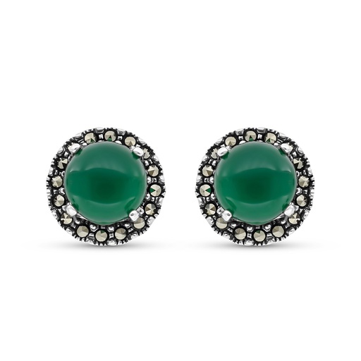 [EAR04MAR00GAGA339] Sterling Silver 925 Earring Embedded With Natural Green Agate And Marcasite Stones