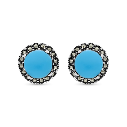 [EAR04MAR00TRQA339] Sterling Silver 925 Earring Embedded With Natural Processed Turquoise And Marcasite Stones