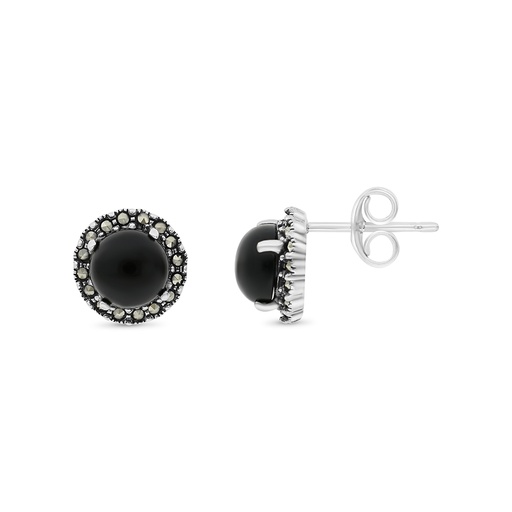 [EAR04MAR00ONXA339] Sterling Silver 925 Earring Embedded With Natural Black Agate And Marcasite Stones