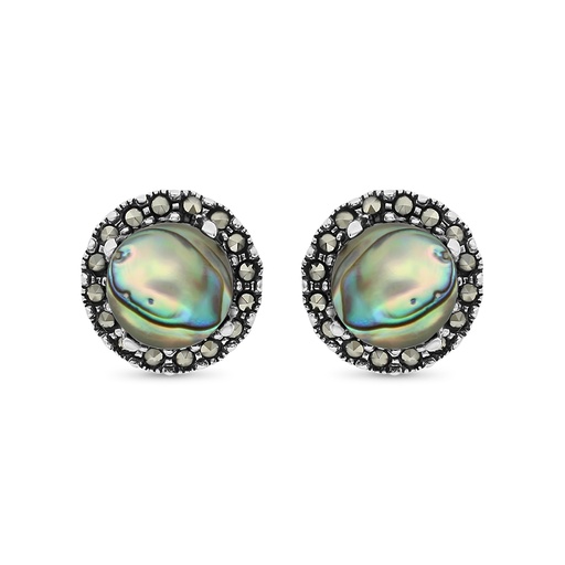 [EAR04MAR00ABAA339] Sterling Silver 925 Earring Embedded With Natural Blue Shell And Marcasite Stones